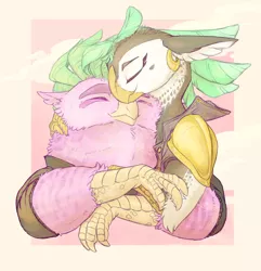 Size: 2850x2955 | Tagged: safe, artist:iceofwaterflock, derpibooru import, captain celaeno, lix spittle, bird, parrot, parrot pirates, my little pony: the movie, cuddling, ear piercing, earring, eyes closed, female, image, jewelry, lesbian, piercing, pirate, png, shipping