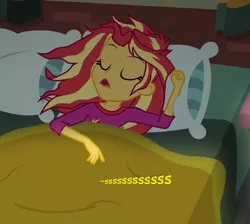 Size: 762x684 | Tagged: suggestive, artist:thedarkpony, derpibooru import, edit, edited screencap, screencap, sunset shimmer, eqg summertime shorts, equestria girls, monday blues, clothes, cropped, female, image, implied bedwetting, implied pissing, implied urine, implied wetting, onomatopoeia, pajamas, png