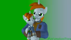 Size: 1920x1080 | Tagged: safe, artist:marianokun, derpibooru import, oc, oc:littlepip, anthro, pony, unicorn, fallout equestria, 3d, anthro oc, anthro ponidox, anthro with ponies, clothes, gray background, green background, holding a pony, image, looking at each other, pipbuck, png, simple background, source filmmaker, vault suit