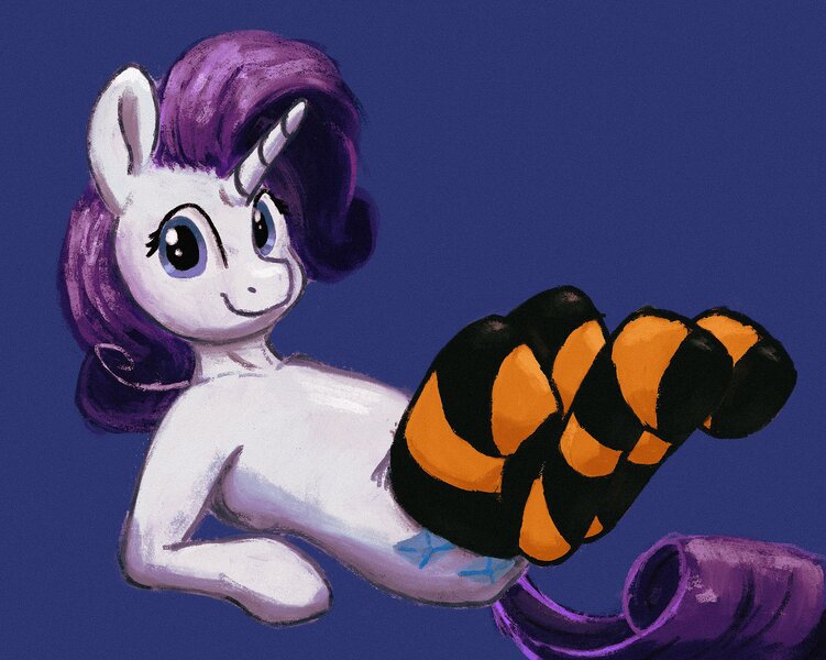 Size: 2491x1989 | Tagged: safe, artist:dummyhorse, derpibooru import, rarity, pony, unicorn, alternate versions at source, clothes, female, image, jpeg, leaning back, looking at you, lying down, mare, on back, smiling, socks, solo, stockings, striped socks, striped stockings, thigh highs, three quarter view