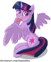 Size: 1094x1336 | Tagged: safe, artist:nanazdina, derpibooru import, part of a set, twilight sparkle, twilight sparkle (alicorn), alicorn, pony, :p, cute, cutie mark, derpibooru exclusive, heart eyes, ibispaint x, image, looking at you, looking back, looking back at you, png, simple background, smiling, solo, spread wings, tongue out, twiabetes, white background, wingding eyes, wings