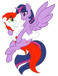Size: 906x1193 | Tagged: safe, artist:daydreamingdragon123, derpibooru import, twilight sparkle, twilight sparkle (alicorn), oc, oc:pearl rose, alicorn, pegasus, pony, canon x oc, image, looking at each other, loving embrace, png, shipping, simple background, transparent background