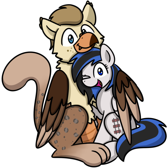 Size: 562x562 | Tagged: safe, artist:sugar morning, derpibooru import, oc, oc:bolton, oc:kezzie, unofficial characters only, gryphon, pegasus, derpibooru community collaboration, 2021 community collab, bolzie, female, image, male, png, simple background, smiling, transparent background