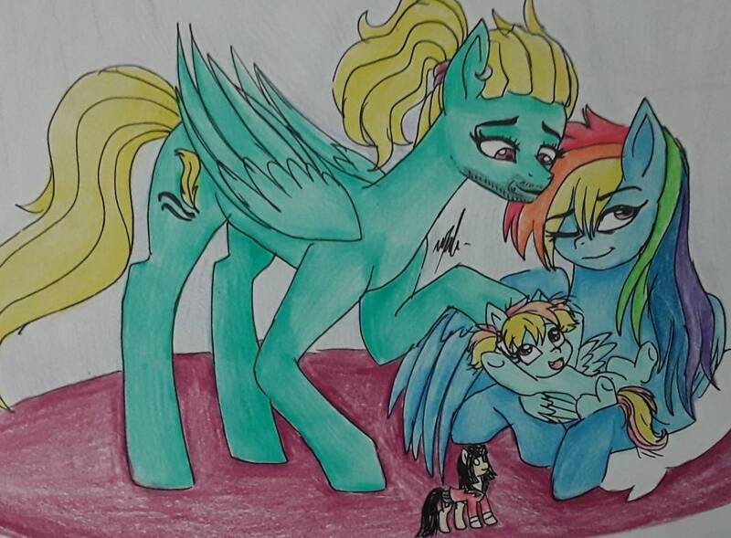 Size: 1069x787 | Tagged: safe, artist:misathefenec0422, derpibooru import, rainbow dash, zephyr breeze, oc, oc:tropical heat, pegasus, pony, family, female, filly, head pat, image, jpeg, lying down, male, mare, offspring, parent:rainbow dash, parent:zephyr breeze, parents:zephdash, pat, pigtails, shipping, stallion, straight, traditional art, zephdash