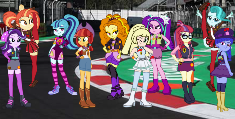 Size: 1256x636 | Tagged: safe, alternate version, derpibooru import, adagio dazzle, aria blaze, jade spade, lighthoof, moondancer, shimmy shake, sonata dusk, space camp (character), starlight glimmer, oc, oc:lillie belle, equestria girls, clothes, converse, formula 1, image, lillie (pokemon), png, racing, racing suit, shoes, socks, stockings, striped socks, thigh highs