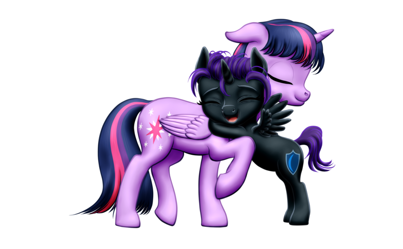 Size: 2575x1591 | Tagged: safe, artist:vasillium, derpibooru import, twilight sparkle, twilight sparkle (alicorn), oc, oc:nyx, alicorn, pony, alicorn oc, closed mouth, cutie mark, daughter, eyebrows, eyelashes, eyes closed, family, female, filly, happy, horn, hug, image, love, mare, moon, mother, mother and child, mother and daughter, motherly love, mouth closed, nostrils, one hoof raised, open mouth, parent and child, parent and foal, png, princess, royalty, shield, simple background, spread wings, standing, standing on back legs, stars, transparent background, wings