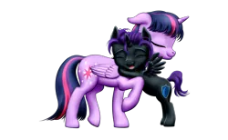 Size: 2575x1591 | Tagged: safe, artist:vasillium, derpibooru import, twilight sparkle, twilight sparkle (alicorn), oc, oc:nyx, alicorn, pony, alicorn oc, closed mouth, cutie mark, daughter, eyebrows, eyelashes, eyes closed, family, female, filly, happy, horn, hug, image, love, mare, moon, mother, mother and child, mother and daughter, motherly love, mouth closed, nostrils, one hoof raised, open mouth, parent and child, parent and foal, png, princess, royalty, shield, simple background, spread wings, standing, standing on back legs, stars, transparent background, wings