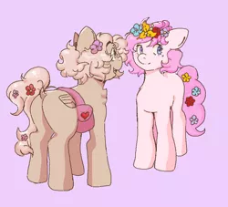 Size: 835x759 | Tagged: safe, artist:poofindi, derpibooru import, oc, oc:kayla, oc:mary jane, unofficial characters only, earth pony, pegasus, pony, bag, duo, female, flower, flower in hair, image, kayry, lesbian, looking at each other, oc x oc, png, shipping, standing