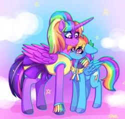 Size: 1974x1881 | Tagged: safe, artist:aaa-its-spook, derpibooru import, rainbow dash, twilight sparkle, twilight sparkle (alicorn), alicorn, pegasus, rainbow falls, backwards cutie mark, blushing, cheerleader, cheerleader outfit, cheerleader sparkle, clothes, female, hoof around neck, image, lesbian, png, shipping, size difference, twidash, wig
