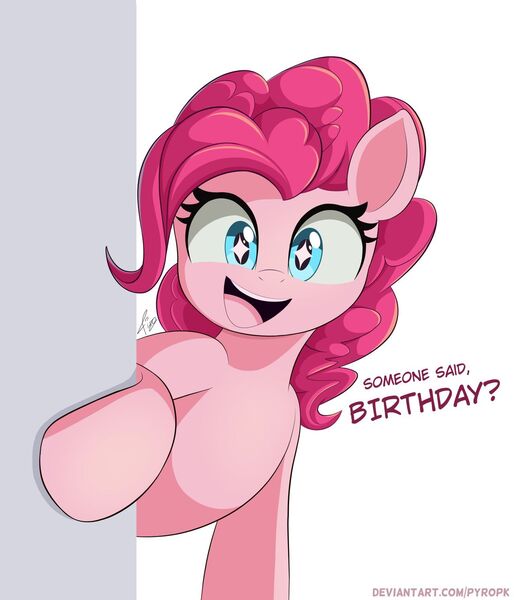 Size: 1280x1494 | Tagged: safe, artist:pyropk, derpibooru import, pinkie pie, earth pony, pony, breaking the fourth wall, bronybait, cute, dialogue, diapinkes, female, happy birthday, image, jpeg, looking at you, mare, open mouth, pinkie being pinkie, simple background, solo, sparkly eyes, starry eyes, that pony sure does love parties, white background, wingding eyes