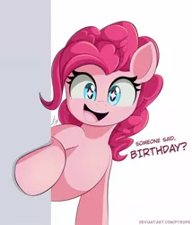 Size: 1280x1494 | Tagged: safe, artist:pyropk, derpibooru import, pinkie pie, earth pony, pony, breaking the fourth wall, bronybait, cute, dialogue, diapinkes, female, happy birthday, image, jpeg, looking at you, mare, open mouth, pinkie being pinkie, simple background, solo, sparkly eyes, starry eyes, that pony sure does love parties, white background, wingding eyes