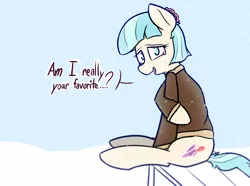 Size: 1706x1271 | Tagged: safe, artist:pinkberry, derpibooru import, coco pommel, earth pony, pony, bench, clothes, cold, crying, female, image, jacket, looking at you, mare, outdoors, png, snow, snowfall, solo, speech, talking, talking to viewer, tears of joy, text