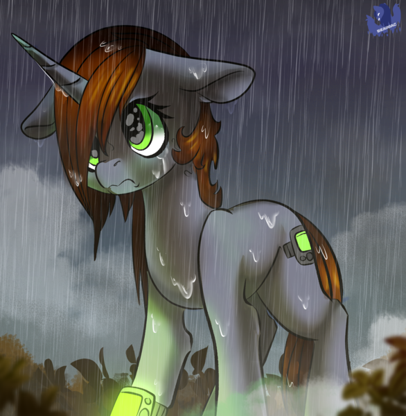 Size: 2111x2160 | Tagged: safe, artist:brainiac, derpibooru import, oc, oc:littlepip, pony, unicorn, fallout equestria, derpibooru exclusive, female, image, mare, missing accessory, png, rain, solo, wet, wet mane