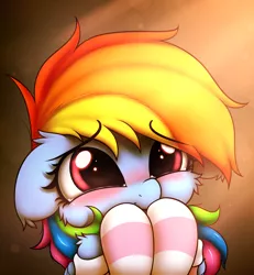 Size: 2500x2700 | Tagged: safe, artist:heavymetalbronyyeah, derpibooru import, rainbow dash, pegasus, pony, blushing, bust, cheek fluff, clothes, crepuscular rays, crying, cute, dashabetes, ear fluff, female, floppy ears, happy, high res, hooves on face, hooves on mouth, image, png, shoulder fluff, socks, solo, striped socks, tears of joy, weapons-grade cute