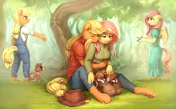 Size: 4172x2588 | Tagged: safe, alternate version, artist:audrarius, derpibooru import, applejack, fluttershy, winona, anthro, bird, unguligrade anthro, applejack's hat, appleshy, blushing, breasts, clothes, colored pupils, cowboy hat, cute, derpibooru exclusive, dress, eyes closed, female, flashback, floppy ears, forest, hat, hug, hug from behind, image, jackabetes, jeans, lesbian, lidded eyes, looking down, overalls, pants, petting, png, scenery, shipping, shirt, shyabetes, sweater, sweatershy, tongue out, tree, younger