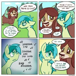 Size: 2048x2048 | Tagged: safe, artist:pfeffaroo, derpibooru import, sandbar, yona, earth pony, pony, yak, she's all yak, 4 panel comic, bow, cloven hooves, comic, cute, dialogue, duo, female, hair bow, high res, image, jpeg, looking at each other, male, monkey swings, music notes, sad, singing, speech bubble, support