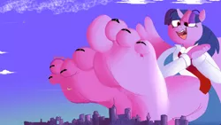 Size: 1280x723 | Tagged: safe, artist:steeromunch, derpibooru import, twilight sparkle, alicorn, anthro, plantigrade anthro, 4 toes, aircraft, barefoot, big feet, city, cityscape, clasped hands, cloud, commission, delighted, feet, female, fetish, foot fetish, giant anthro, giantess, image, jpeg, looking down, macro, nail polish, necktie, simple background, smiling, spread wings, toenail polish, toenails, toes, twilight sparkle (alicorn), wings