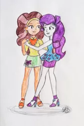 Size: 1616x2423 | Tagged: safe, artist:fude-chan-art, derpibooru import, rarity, saffron masala, equestria girls, dancing, equestria girls-ified, female, image, jpeg, lesbian, raffron, rarity peplum dress, shipping, traditional art, waltz