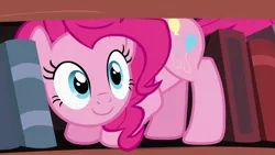 Size: 1920x1080 | Tagged: safe, derpibooru import, screencap, pinkie pie, earth pony, pony, pinkie apple pie, book, bookcase, bookshelf, cute, diapinkes, female, golden oaks library, image, jpeg, library, mare, pinkie being pinkie, smiling, smiling at you, solo