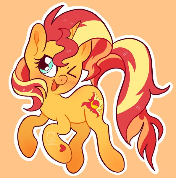 Size: 1965x1983 | Tagged: safe, artist:alexbeeza, derpibooru import, sunset shimmer, pony, unicorn, blushing, cute, female, heart, image, jpeg, mare, one eye closed, open mouth, orange background, shimmerbetes, simple background, solo, wink