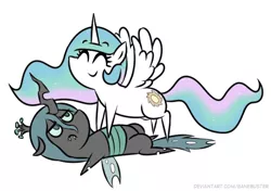 Size: 568x400 | Tagged: safe, artist:banebuster, derpibooru import, princess celestia, queen chrysalis, alicorn, changeling, changeling queen, pony, series:tiny tia, chibi, cute, cutelestia, eyes closed, female, image, jpeg, pointy ponies, queen chrysalis is not amused, simple background, unamused, white background