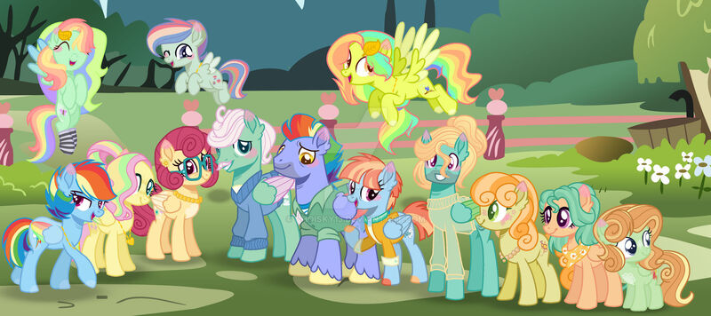 Size: 1920x854 | Tagged: safe, artist:choisky13, derpibooru import, bow hothoof, fluttershy, gentle breeze, junebug, posey shy, rainbow dash, windy whistles, zephyr breeze, oc, oc:flying butterfly, oc:little cloud, oc:september leaves, oc:soft winter breeze, oc:wind wings, family photo, female, flutterdash, image, jpeg, lesbian, magical lesbian spawn, male, offspring, parent:fluttershy, parent:rainbow dash, parent:tree hugger, parent:zephyr breeze, parents:flutterdash, parents:zephyrhugger, shipping, shys, straight, windyhoof