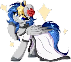 Size: 2198x1923 | Tagged: safe, artist:woonborg, derpibooru import, oc, oc:bluecode, pegasus, pony, clothes, dress, female, flower, flower in hair, image, mare, png, simple background, solo, transparent background