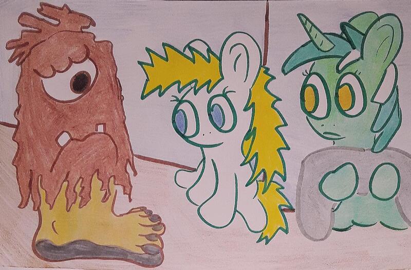 Size: 1280x843 | Tagged: safe, artist:dex stewart, derpibooru import, lyra heartstrings, oc, oc:fargate, earth pony, pony, unicorn, aqua teen hunger force, barefoot, dirt, dirtfoot, dirty, dirty feet, feet, image, jpeg, monster, sock, traditional art