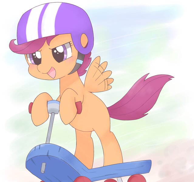 Size: 3008x2824 | Tagged: safe, artist:arrow__root, derpibooru import, scootaloo, pegasus, pony, bipedal, cute, cutealoo, female, filly, flapping, helmet, high res, image, jpeg, motion lines, open mouth, scooter, sky, solo