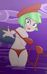 Size: 1083x1694 | Tagged: suggestive, artist:grapefruitface1, derpibooru import, watermelody, equestria girls, base used, belly button, beret, bikini, blushing, breasts, cleavage, clothes, covering, embarrassed, embarrassed nude exposure, female, handbra, hat, image, looking at you, midriff, night, nudity, partial nudity, png, shocked, solo, solo female, strategically covered, swimsuit, thick, thighs, topless, wardrobe malfunction, water, wide hips