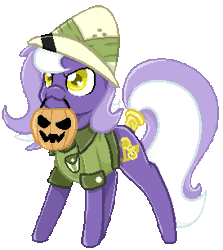 Size: 273x306 | Tagged: safe, artist:bitsandbees, derpibooru import, oc, oc:aether naut, unofficial characters only, earth pony, pony, :3, >:3, animated, blinking, clothes, commission, earth pony oc, gif, hat, image, mouth hold, nightmare night, pith helmet, pumpkin bucket, simple background, solo, tail wrap, transparent background, ych result
