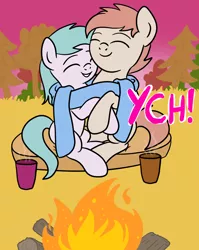 Size: 1536x1928 | Tagged: safe, artist:lannielona, derpibooru import, pony, advertisement, autumn, campfire, clothes, commission, cuddling, drink, evening, eyes closed, female, grass, hug, image, male, mare, png, scarf, stallion, tree, your character here