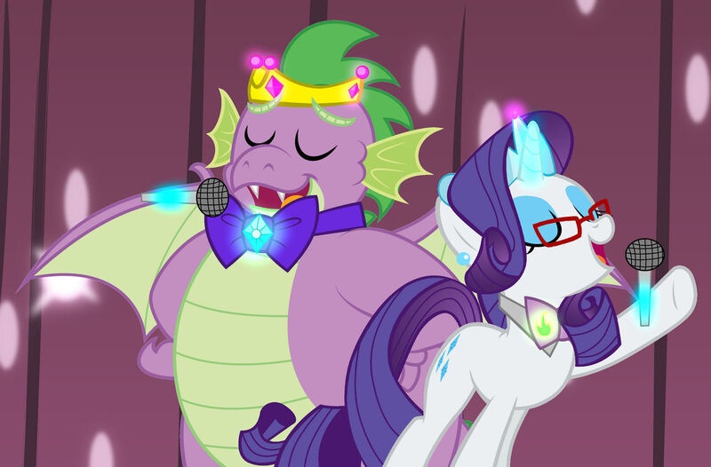 Size: 1280x841 | Tagged: safe, artist:disneymarvel96, derpibooru import, rarity, spike, dragon, pony, unicorn, bowtie, crown, ear piercing, fat, fat spike, female, glasses, image, jewelry, jpeg, male, mare, microphone, older, older spike, piercing, regalia, shipping, singing, sparity, straight, tiara, winged spike