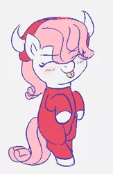 Size: 281x431 | Tagged: safe, artist:heretichesh, derpibooru import, oc, oc:lyrabop, earth pony, pony, blushing, clothes, costume, devil, devil horns, eyes closed, female, filly, image, mlem, png, silly, standing, tongue out