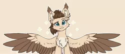 Size: 4096x1786 | Tagged: safe, artist:dorkmark, derpibooru import, oc, oc:dimass, unofficial characters only, pegasus, pony, chest fluff, ear piercing, earring, image, jewelry, jpeg, looking at you, piercing, smiling, solo, spread wings, wings