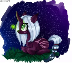 Size: 1000x870 | Tagged: safe, derpibooru import, oc, unofficial characters only, firefly (insect), insect, pony, unicorn, eyelashes, horn, image, jpeg, lying down, night, outdoors, prone, smiling, stars, unicorn oc