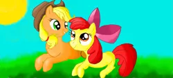 Size: 1051x475 | Tagged: safe, artist:maverickmam, derpibooru import, apple bloom, applejack, earth pony, pony, bow, duo, female, filly, hair bow, hat, image, lying down, mare, outdoors, png, prone, siblings, sisters, sun