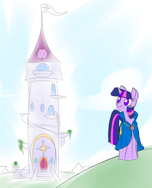 Size: 819x1012 | Tagged: safe, artist:metal-kitty, derpibooru import, twilight sparkle, pony, unicorn, alternate universe, archmage, cloak, clothes, female, flag, image, mage, mare, png, solo, tower, twilight's cutie mark, unicorn twilight, wizard