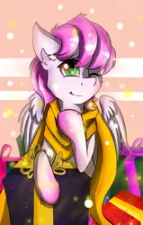 Size: 1029x1620 | Tagged: safe, artist:yuris, derpibooru import, oc, oc:flutter cat, unofficial characters only, pegasus, pony, christmas, holiday, image, png, solo