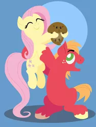 Size: 2160x2880 | Tagged: safe, anonymous artist, derpibooru import, big macintosh, fluttershy, earth pony, groundhog, pegasus, pony, series:fm holidays, blue background, cute, eyes closed, female, fluttermac, groundhog day, holding a pony, image, lineless, male, mare, no pupils, png, shipping, shyabetes, simple background, sitting, smiling, stallion, straight