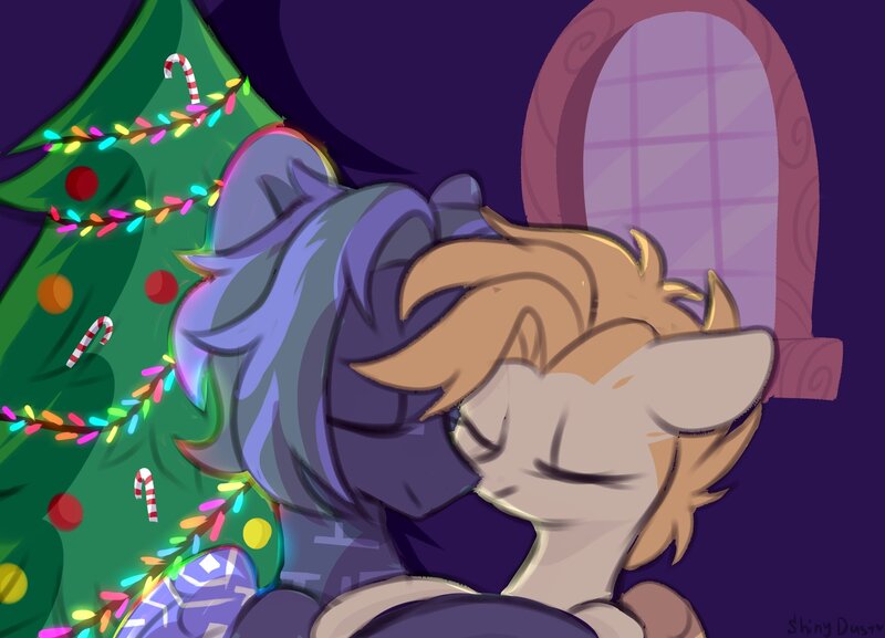 Size: 2048x1477 | Tagged: safe, artist:shiny-dust, derpibooru import, oc, unofficial characters only, pony, christmas, christmas tree, eyes closed, female, holiday, image, jpeg, male, shipping, smiling, straight, tree