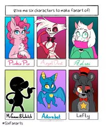 Size: 1280x1529 | Tagged: safe, artist:chu-and-sparky-127, derpibooru import, pinkie pie, anthro, earth pony, goat, human, pony, six fanarts, adorabat, amputee, animatronic, anthro with ponies, black sclera, bowtie, bust, clothes, crossover, female, five nights at freddy's, flying, furry, glasses, hat, hazbin hotel, heterochromia, image, lefty, male, mare, mr. game & watch, png, prosthetic limb, prosthetics, scarf, smiling, top hat, unshorn fetlocks