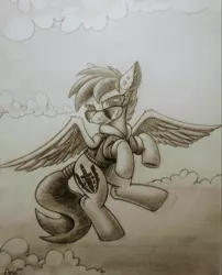 Size: 2009x2489 | Tagged: safe, artist:allyster-black, derpibooru import, oc, oc:ares, unofficial characters only, pegasus, bomber jacket, clothes, ear fluff, ear piercing, flying, image, jacket, jpeg, monochrome, pencil drawing, piercing, traditional art