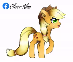 Size: 827x700 | Tagged: safe, artist:aleuoliver, derpibooru import, applejack, earth pony, pony, chest fluff, cowboy hat, ear fluff, eyelashes, female, freckles, hat, image, jpeg, mare, open mouth, raised hoof, simple background, solo, white background