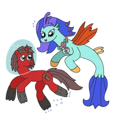 Size: 1806x1964 | Tagged: safe, artist:supahdonarudo, derpibooru import, edit, oc, oc:ironyoshi, oc:sea lilly, unofficial characters only, seapony (g4), unicorn, air bubble, bubble, camera, derpibooru exclusive, flippers, image, jewelry, necklace, png, simple background, swimming, transparent background