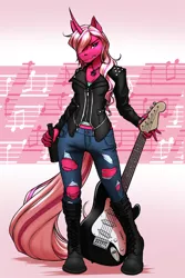 Size: 1900x2850 | Tagged: safe, artist:mykegreywolf, derpibooru import, oc, oc:pynk hyde, anthro, unicorn, alcohol, beer, boots, clothes, curved horn, female, guitar, horn, image, jacket, leather, leather boots, leather jacket, music notes, musical instrument, png, punk, rocker, shoes, solo, torn clothes