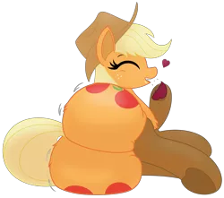 Size: 5020x4436 | Tagged: suggestive, artist:chespi, derpibooru import, applejack, earth pony, pony, apple, applebutt, both cutie marks, butt, butt expansion, clothes, eating, eyes closed, female, fluffy, food, freckles, growth, hat, image, large butt, mare, open mouth, png, simple background, socks, solo, solo female, squishy, stockings, the ass was fat, thigh highs, transparent background, underhoof