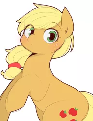Size: 1023x1329 | Tagged: safe, artist:manachaaaaaaaa, derpibooru import, applejack, earth pony, pony, cute, female, hatless, image, jackabetes, jpeg, looking at you, mare, missing accessory, pixiv, simple background, solo, white background