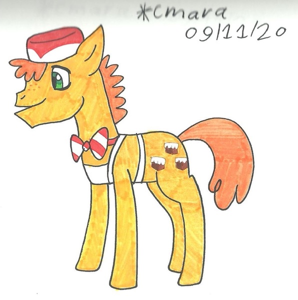 Size: 1020x1026 | Tagged: safe, artist:cmara, derpibooru import, carrot cake, earth pony, pony, apron, bowtie, clothes, hat, image, jpeg, male, simple background, solo, stallion, traditional art, white background