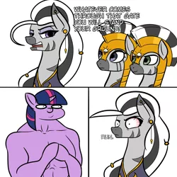 Size: 2000x2000 | Tagged: safe, artist:plaguemare, derpibooru import, twilight sparkle, oc, oc:matriarch zeg'us, anthro, pony, unicorn, zebra, armor, comic, crossover, dialogue, ear piercing, earring, female, i can't believe it's not jargon scott, image, jewelry, lord of the rings, mare, meme, piercing, png, scared, simple background, soldier, twiggie, white background